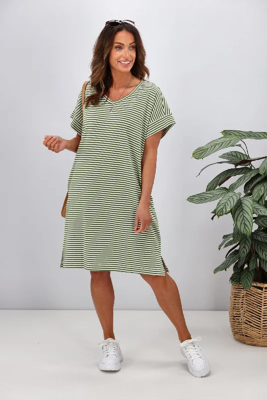 Betty Basics Elise V-Neck Rib Dress Avocado Stripe