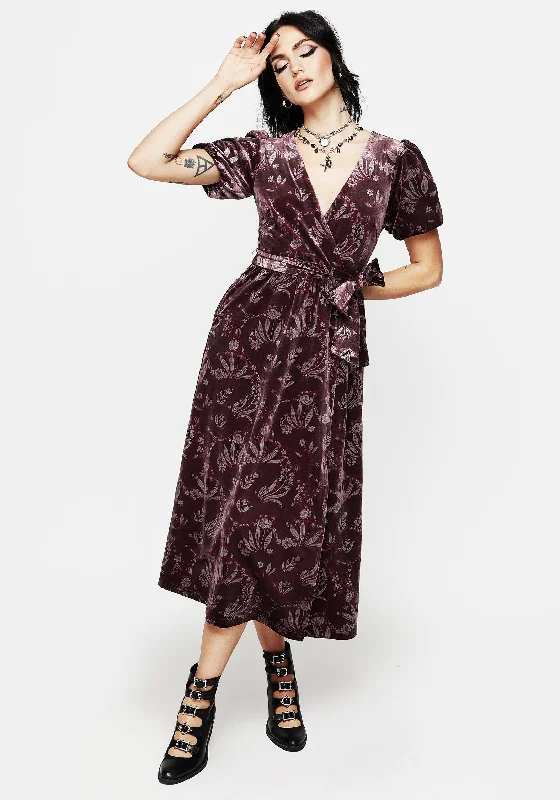 Deception Foil Print Velour Midi Wrap Dress