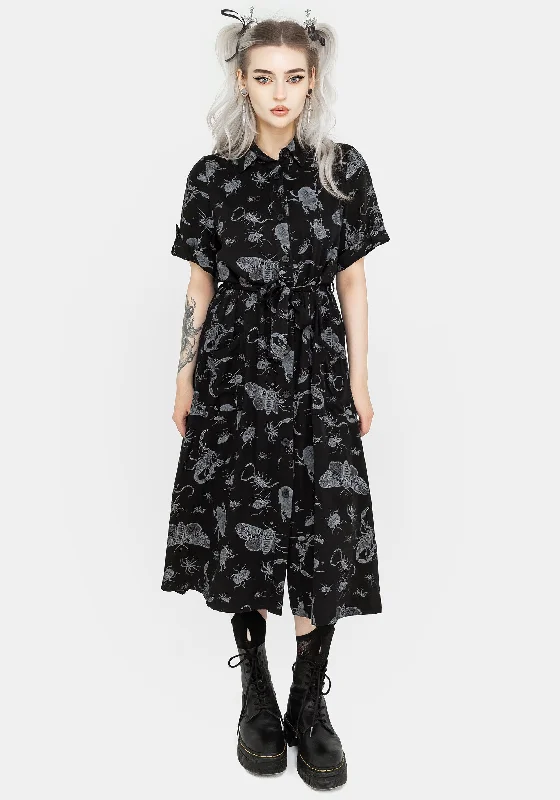 Parasite Bugs Short Sleeve Midi Shirt Dress - Black