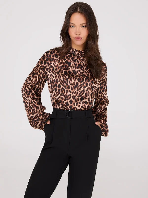 Animal Print Mock Neck Satin Popover Blouse