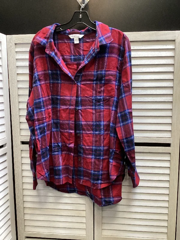 Blouse Long Sleeve By Old Navy In Plaid Pattern, Size: Xl