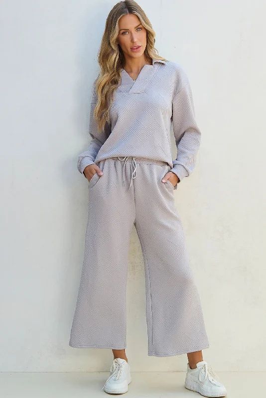 Collared V Neck Top Wide Leg Pants Set