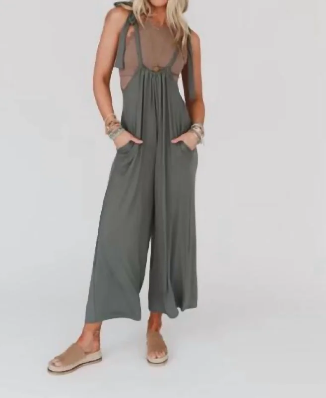 Forever Relaxed Gathered Jumpsuit In Light Olive