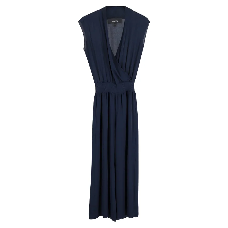 Theory V-Neck Jumpsuit in Navy Blue Silk