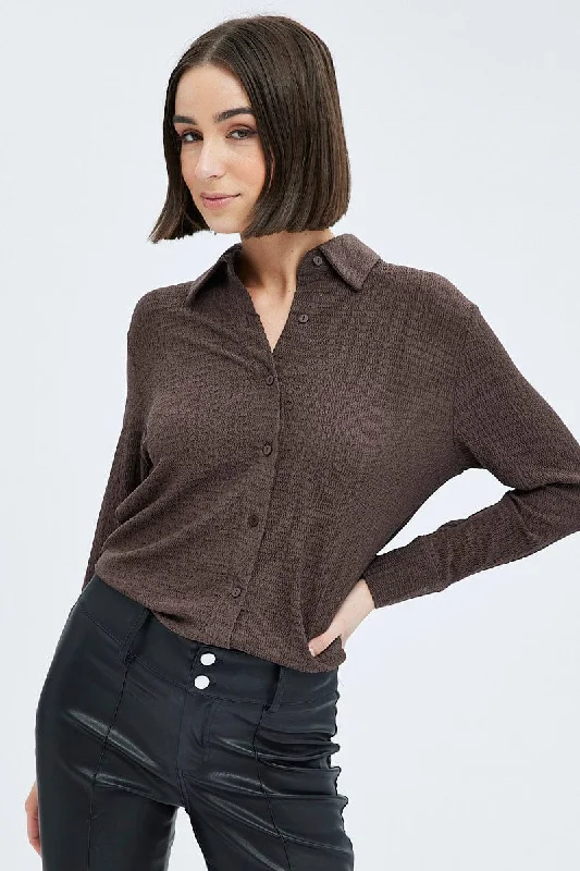 Brown Shirt Long Sleeve Collared Neck Textured