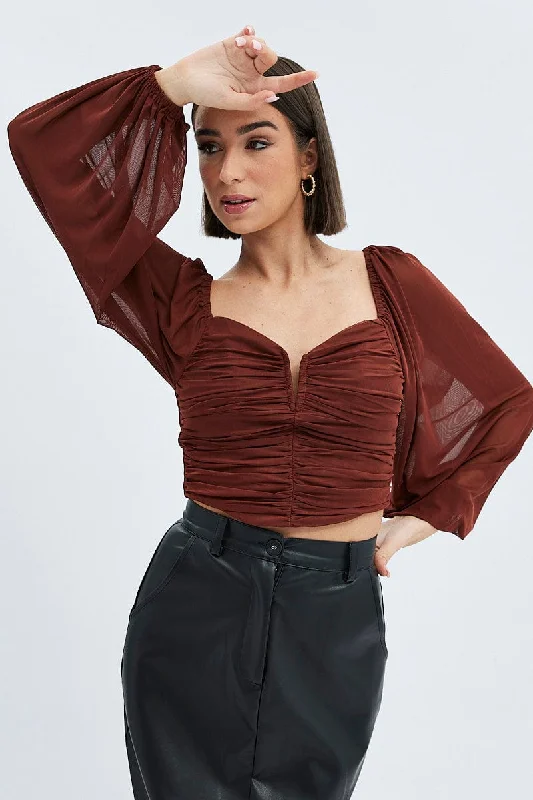 Brown Top Crop Long Sleeve Ruched Mesh