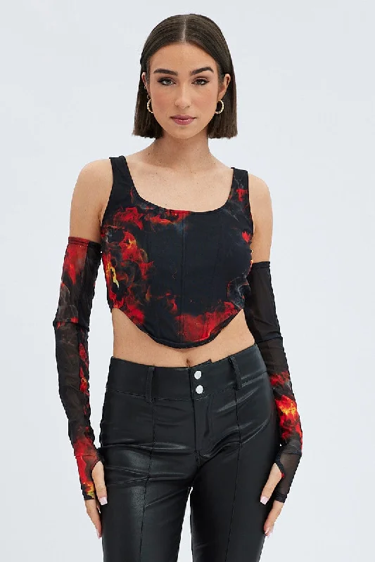 Multi Print Corset & Long Sleeve Set Scoop Neck Semi-Crop Mesh