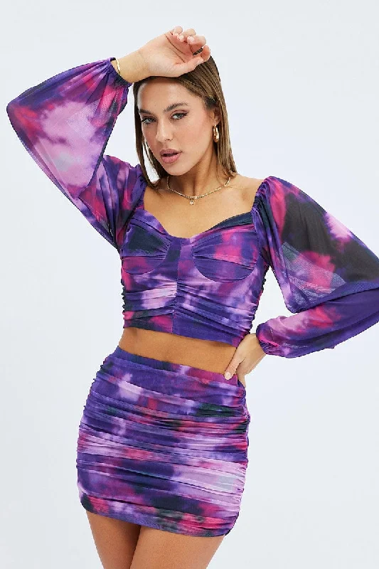 Purple Abstract Top Long Sleeve Abstract Print Mesh