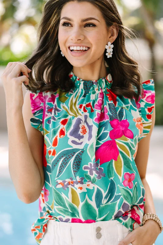 Put It To The Test Teal Green Floral Tank