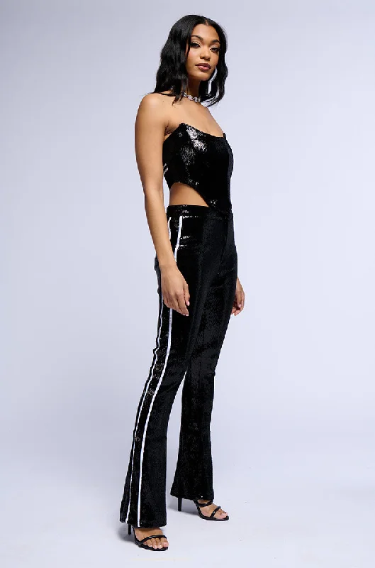 GET DOWN ON IT SEQUIN FLARE TROUSER IN BLACK