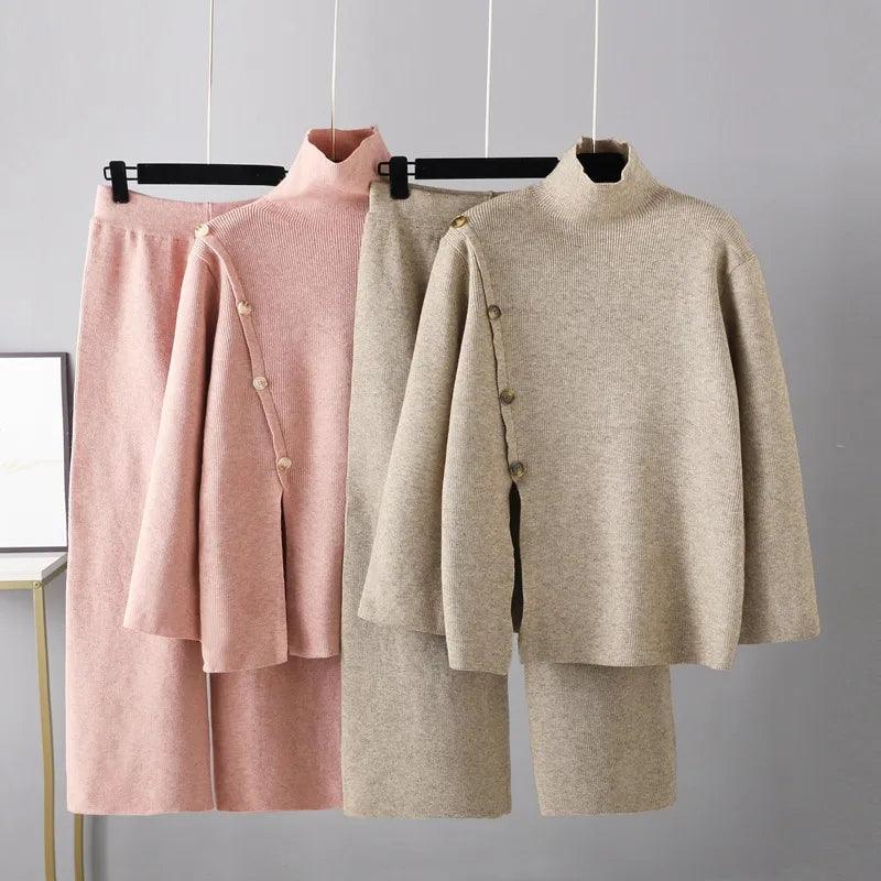 Loose Turtleneck Wide Leg Pants Women Sweater Sets